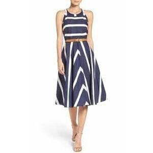 ELIZA J 14 Stripe Fit & Flare Midi Dress Navy White Cotton Cut Out Tomato Girl